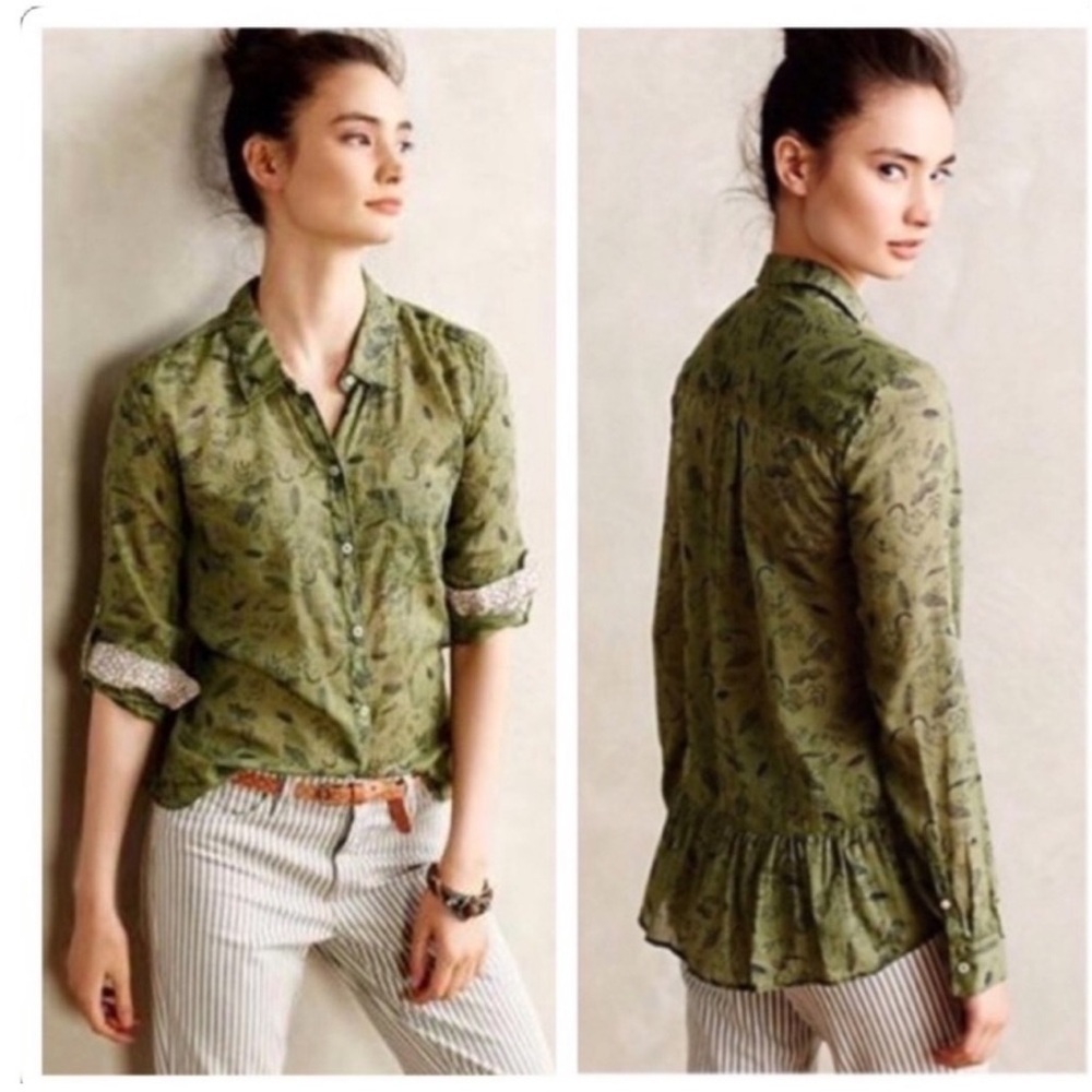 Anthropologie holding horses novelty print button down top SZ 4